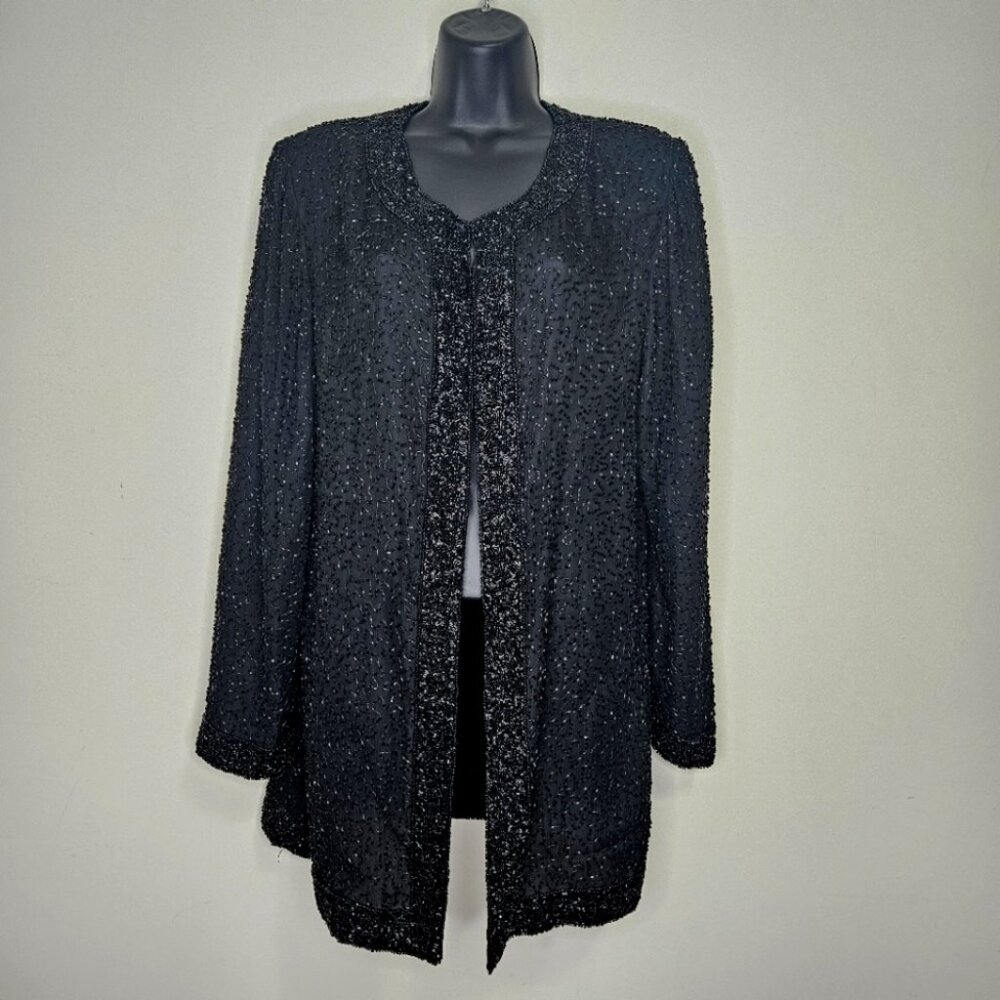 VTG 80s 90s FREESHA Beaded Sequins Duster Jacket M Black Holiday Party